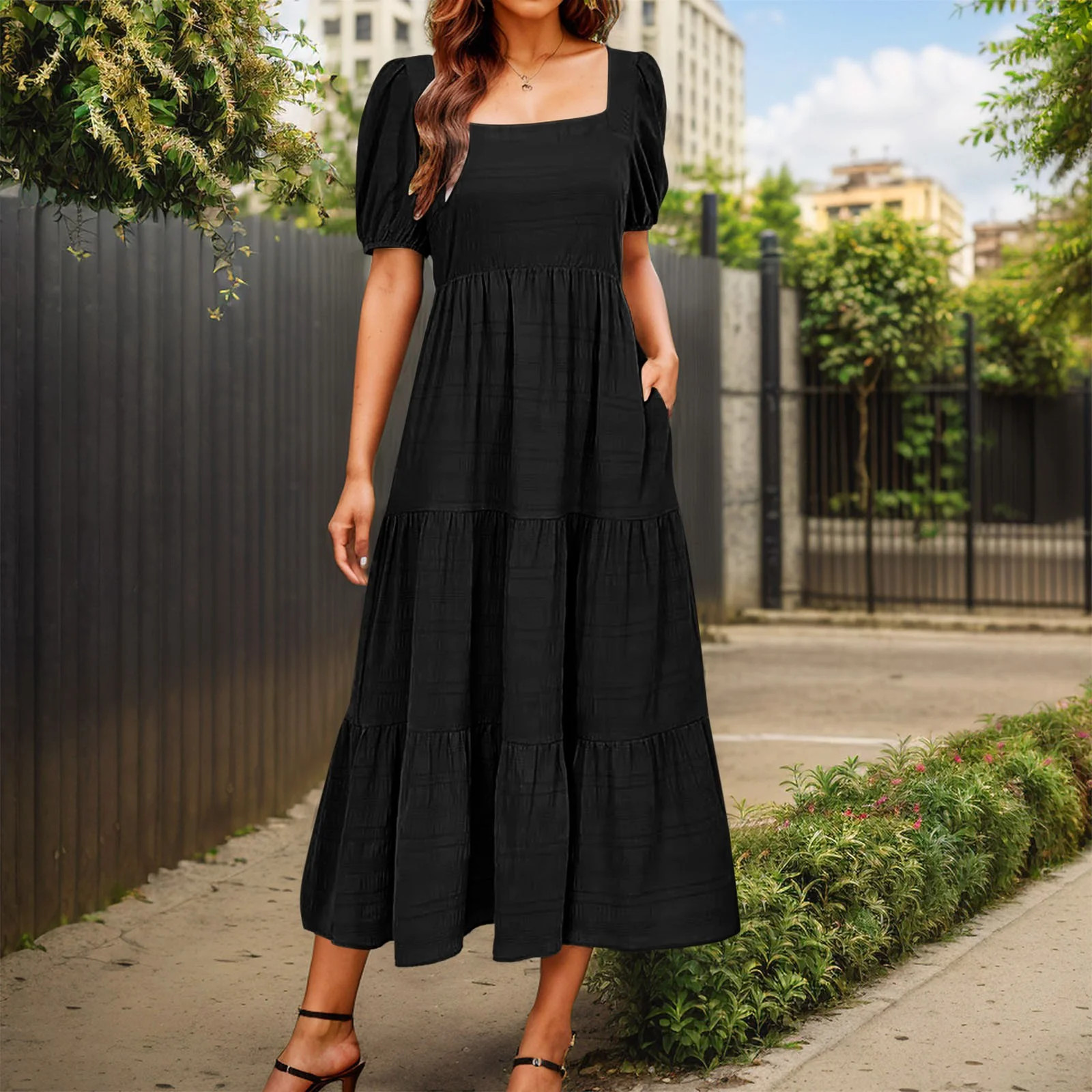 vigerkar Women's Summer Dresses 2025 Puff Sleeve Square Neck High Waist Smocked A-Line Flowy Loos... | Walmart (US)