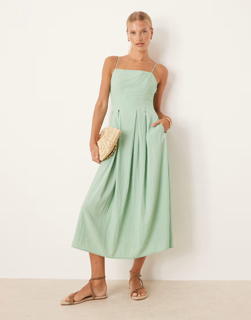 Mango shirred bodice midi dress in mint green | ASOS (Global)