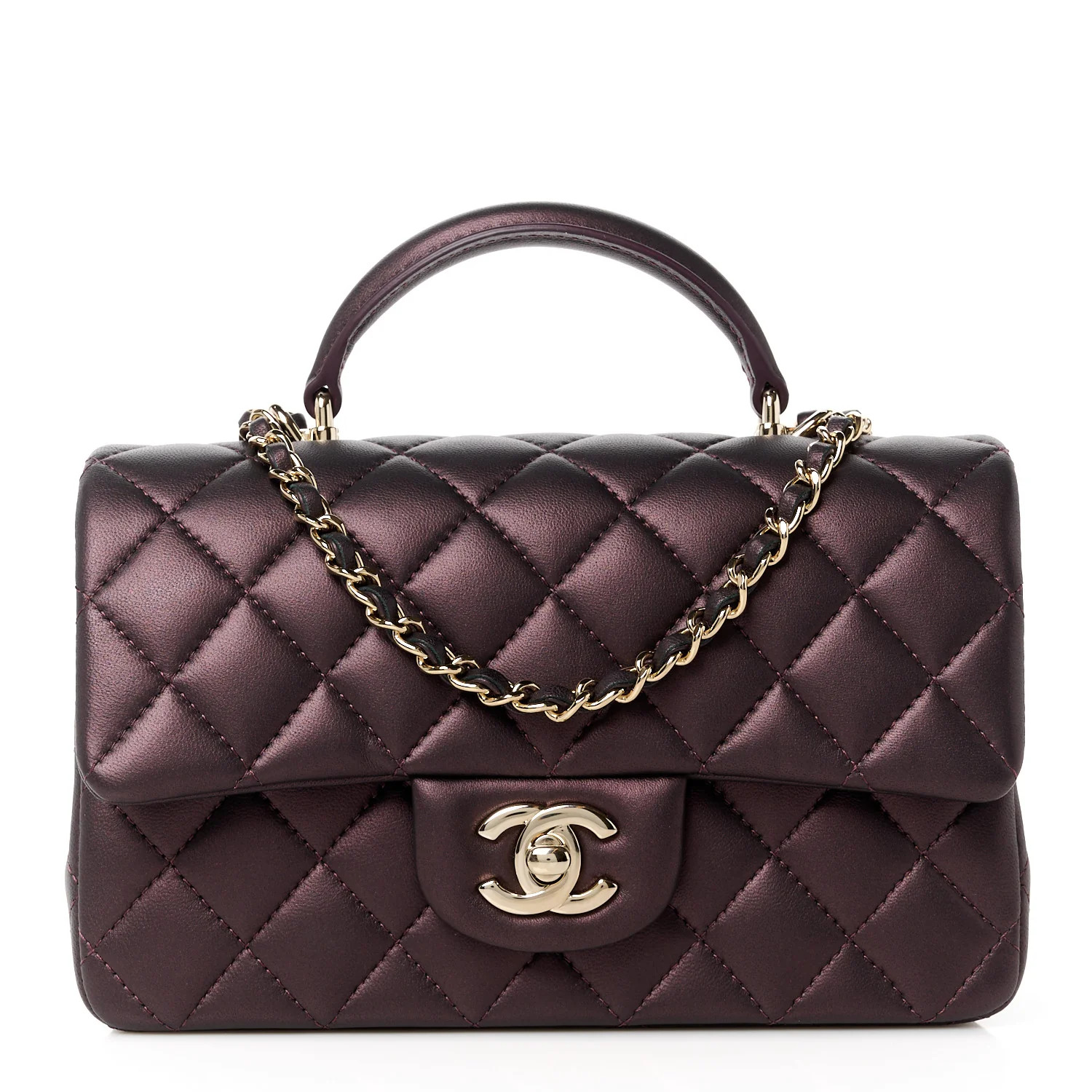 Iridescent Lambskin Quilted Mini Top Handle Rectangular Flap Burgundy | FASHIONPHILE (US)
