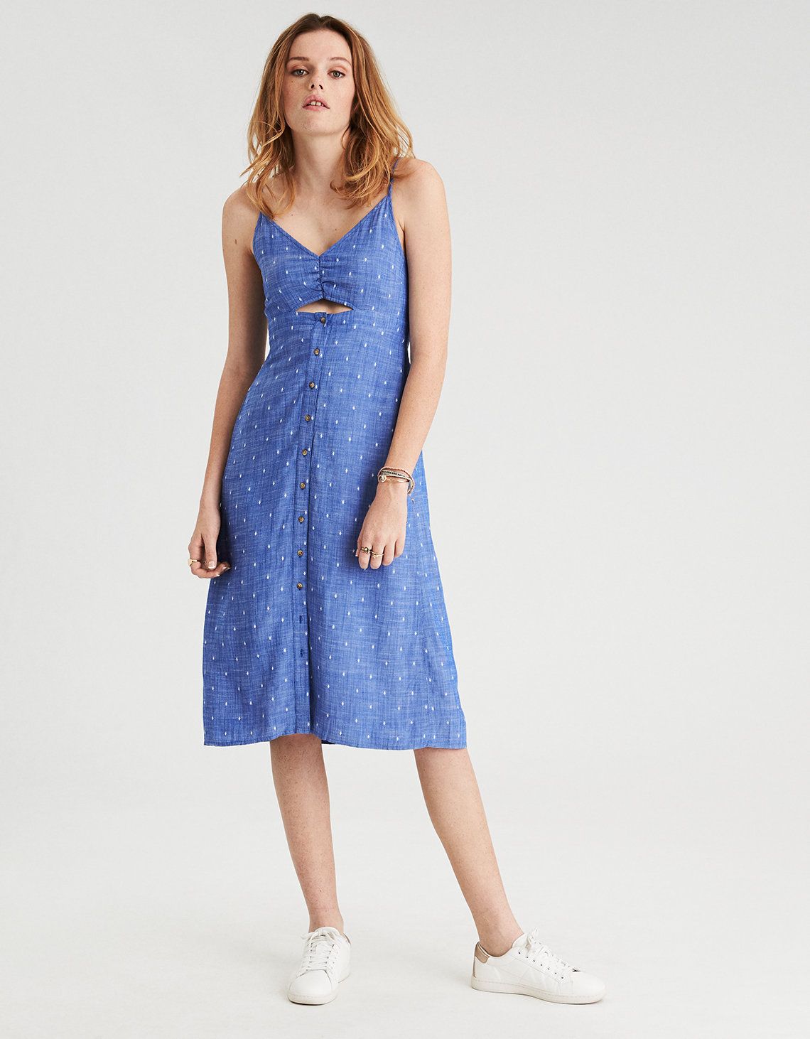 AE Cut Out Button Front Midi Dress, Blue | American Eagle Outfitters (US & CA)