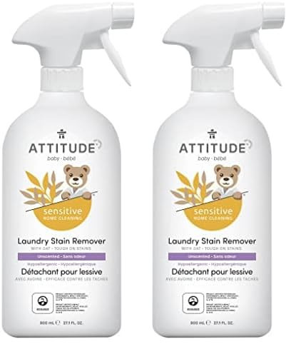 ATTITUDE Fabric Stain Remover for Baby Clothes, Plant- and Mineral-Based Ingredients, Vegan and Cruelty-free Laundry Products for Sensitive Skin, Unscented, 27 Fl Oz (Pack of 2) | Amazon (US)