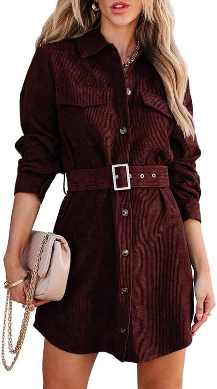 Dokotoo Women's Corduroy Long Sleeve Button Down Shirts Tunic Dresses with Belt | Amazon (US)