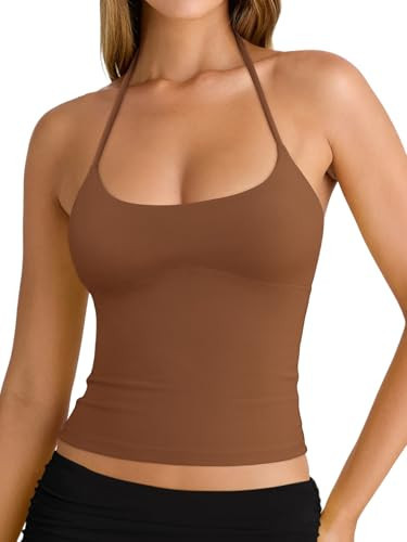 REORIA Women's Summer Sexy Halter Backless Double Lined Tank Top Going Out Y2k Trendy Sleeveless Camisole Crop Tops for Women 2026 Fashion Sierra Medium | Amazon (US)