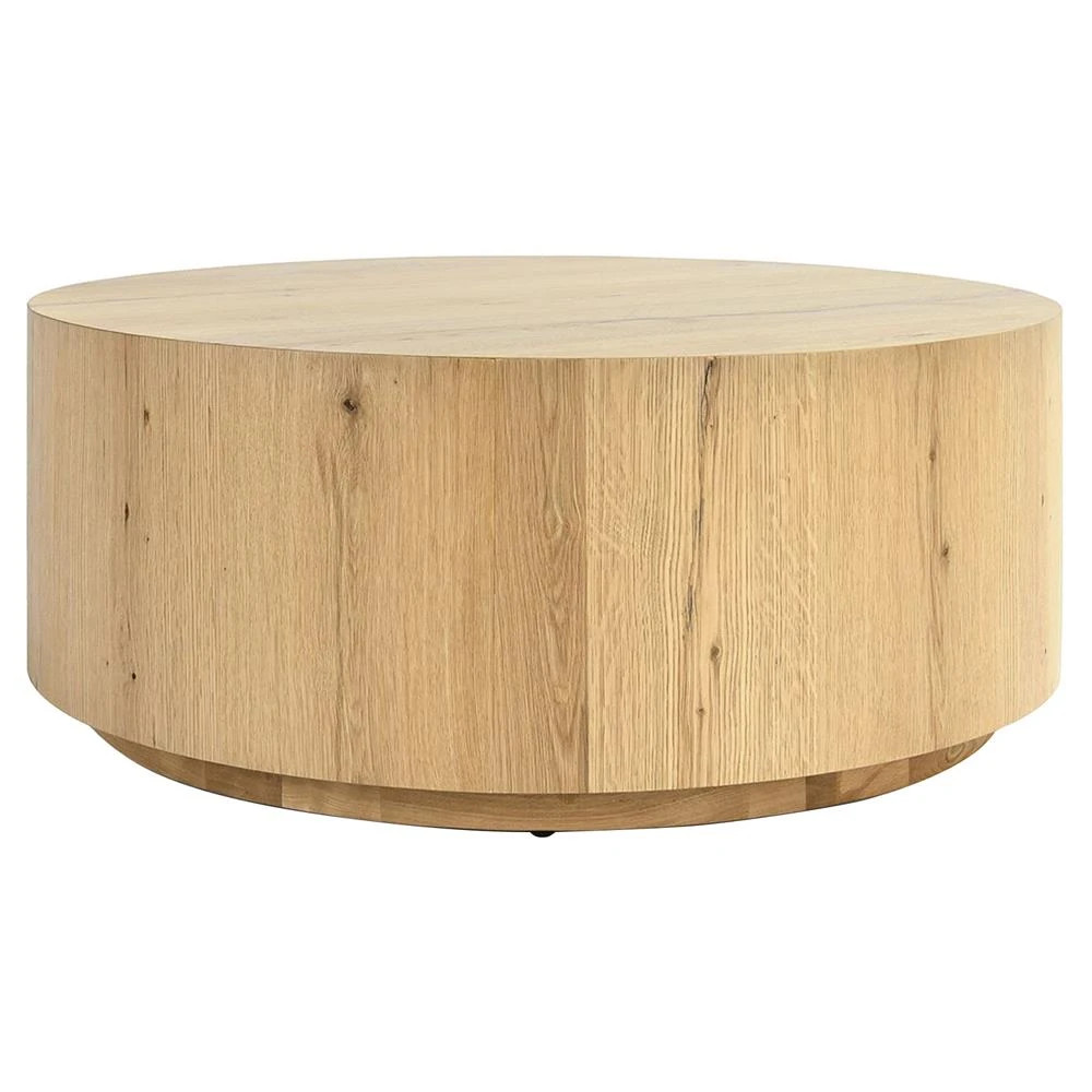 Vincent Rustic Lodge Natural Brown Oak Round Drum Coffee Table | Kathy Kuo Home