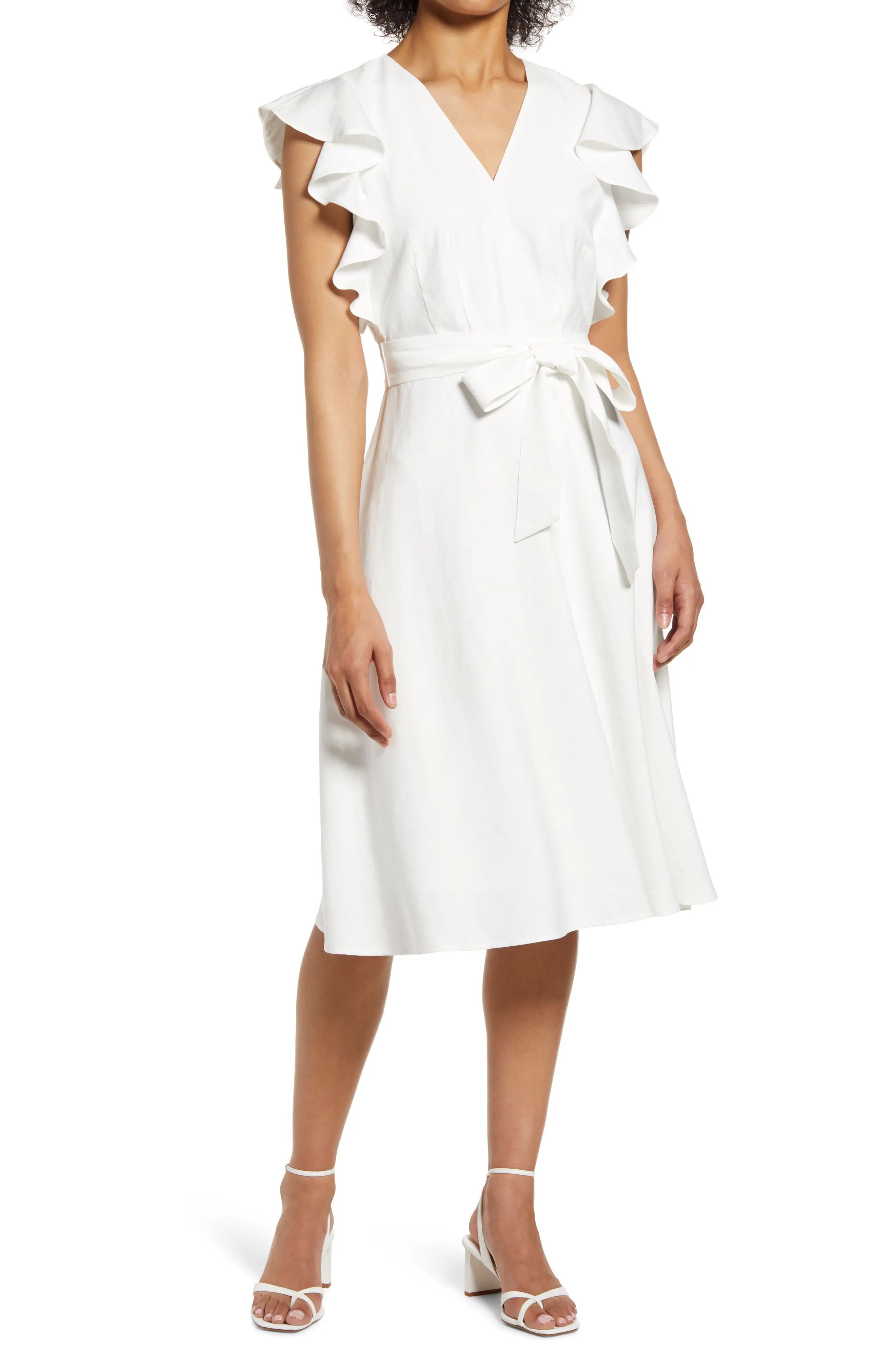 Halogen(R) Ruffle Sleeve Tie Waist Dress, Size Medium in White at Nordstrom | Nordstrom