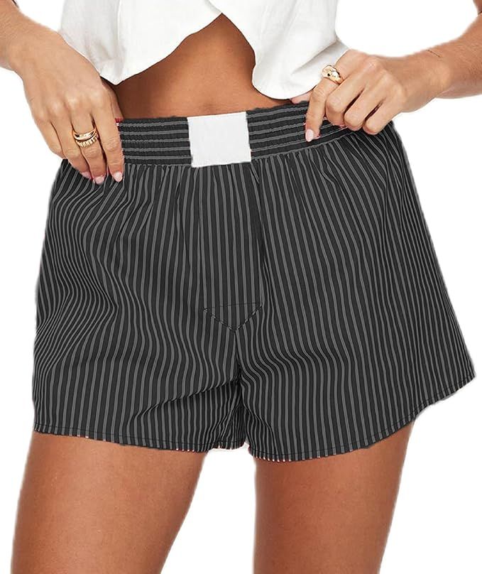 NUFIWI Women Y2k Striped Pajamas Shorts Low Elastic Waist Loose Boxer Bottoms Lounge Sleepwear Pa... | Amazon (US)