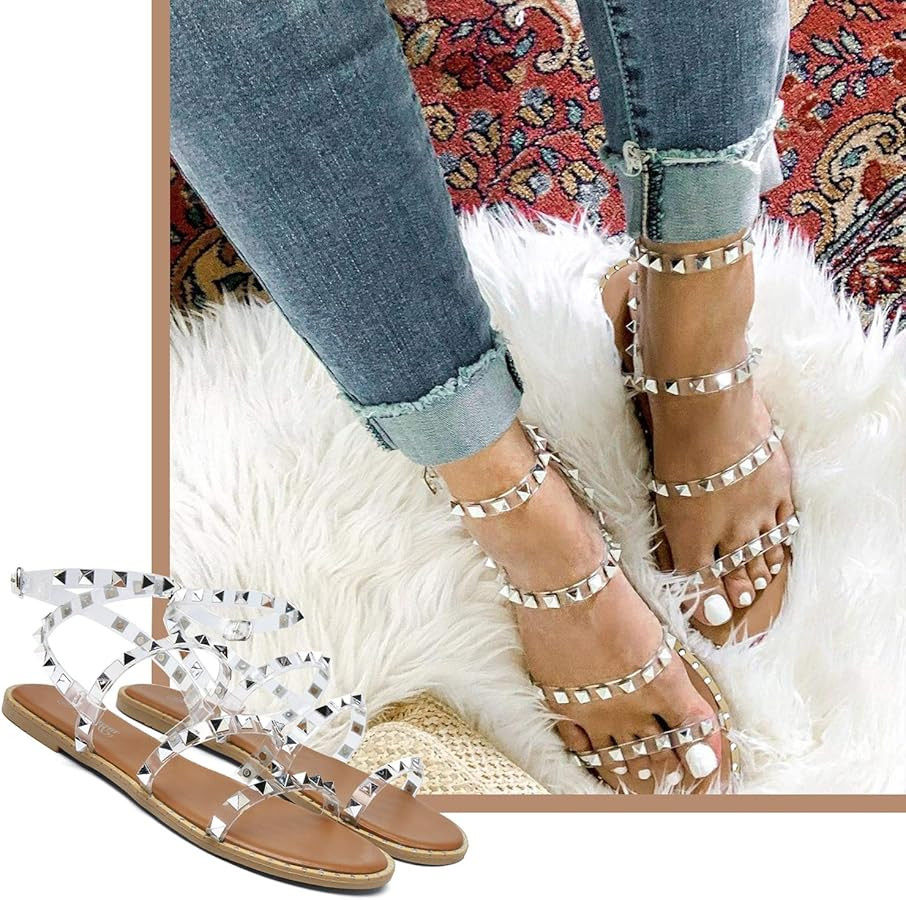 katliu Women's Flat Sandals Strappy Studded Sandals Gladiator Sandals with Ankle Strap | Amazon (US)