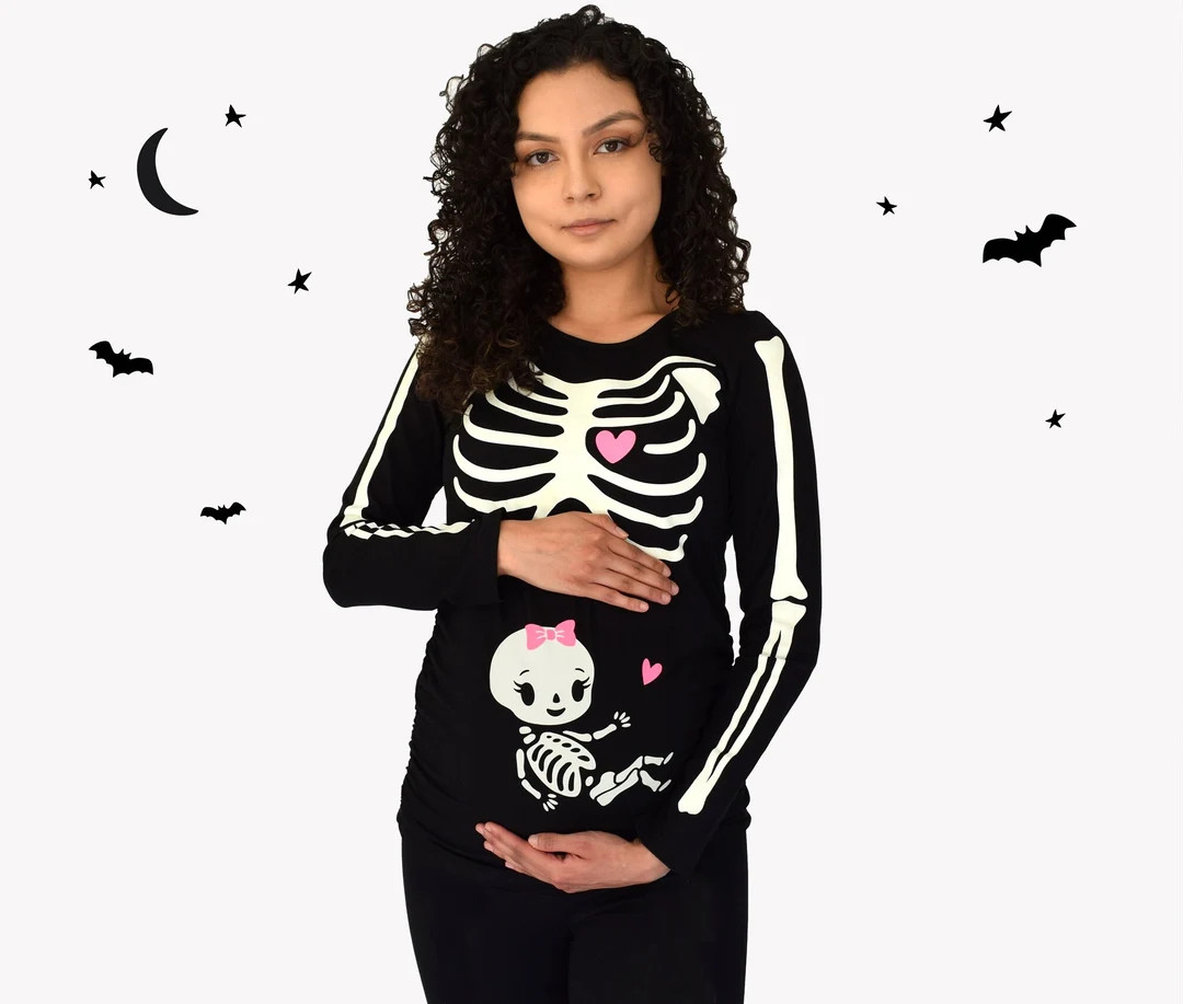 Pregnant Halloween Skeleton Costume Maternity Baby Girl Halloween Shirt Glow in the Dark Print on... | Etsy (US)