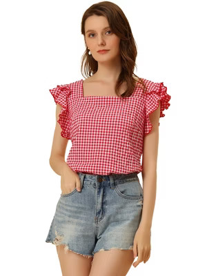 Allegra K Women's Summer Gingham Square Neck Ruffle Sleeve Blouse | Target