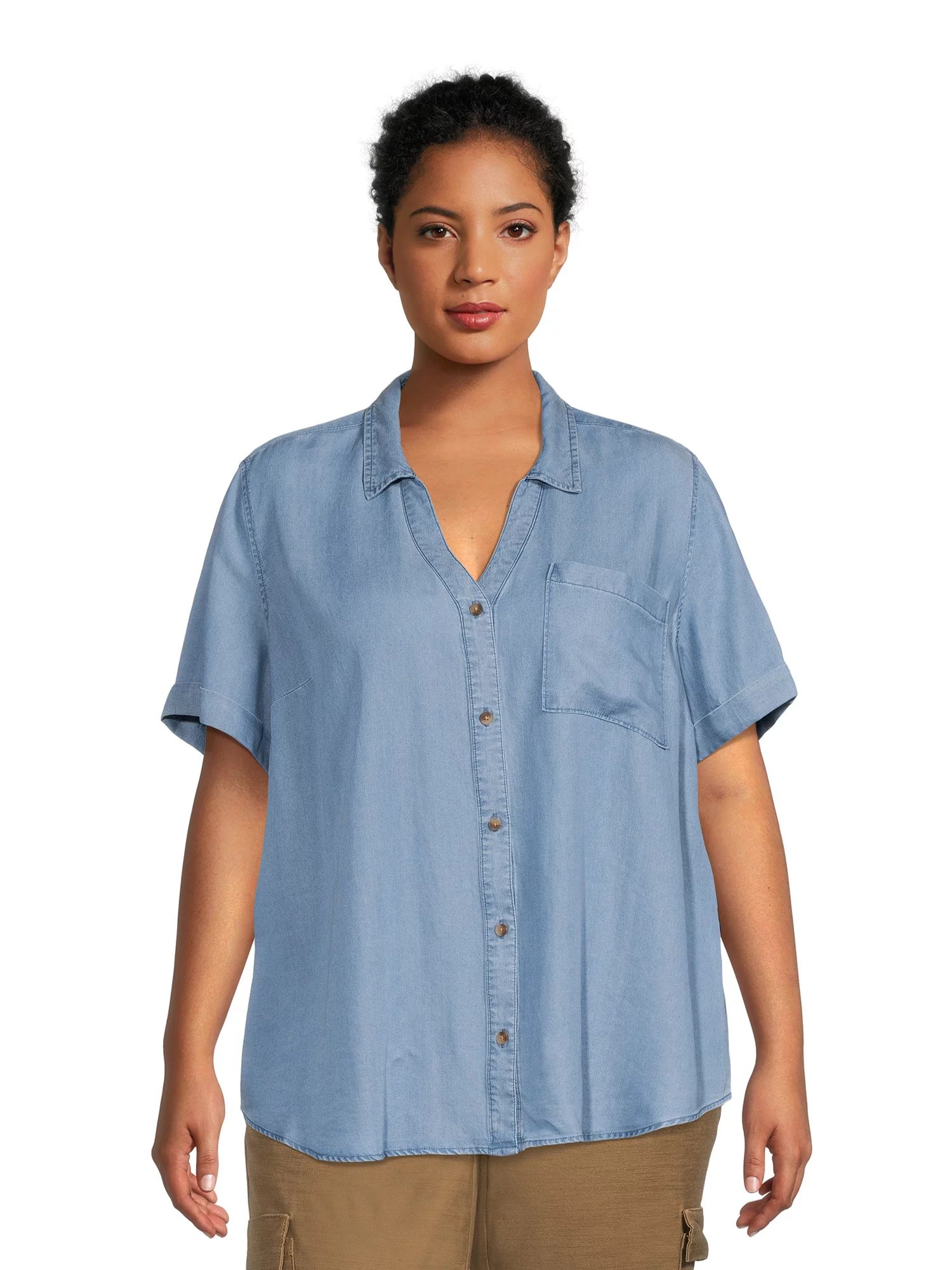 Terra & Sky Women's Plus Size Button-Down Camp Shirt | Walmart (US)