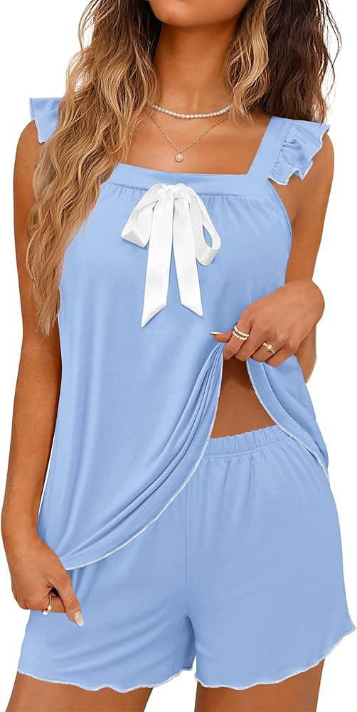 Ekouaer Womens Pajama Sets Cute Bow Pjs Short Set Ruffle Bridal Sleepwear | Amazon (US)