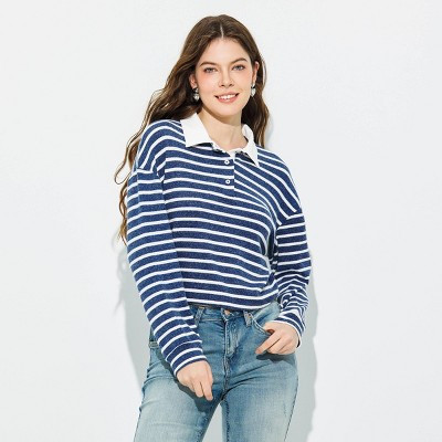 Women's Long Sleeve Rugby Polo Shirt - Wild Fable™ Blue Striped XS | Target