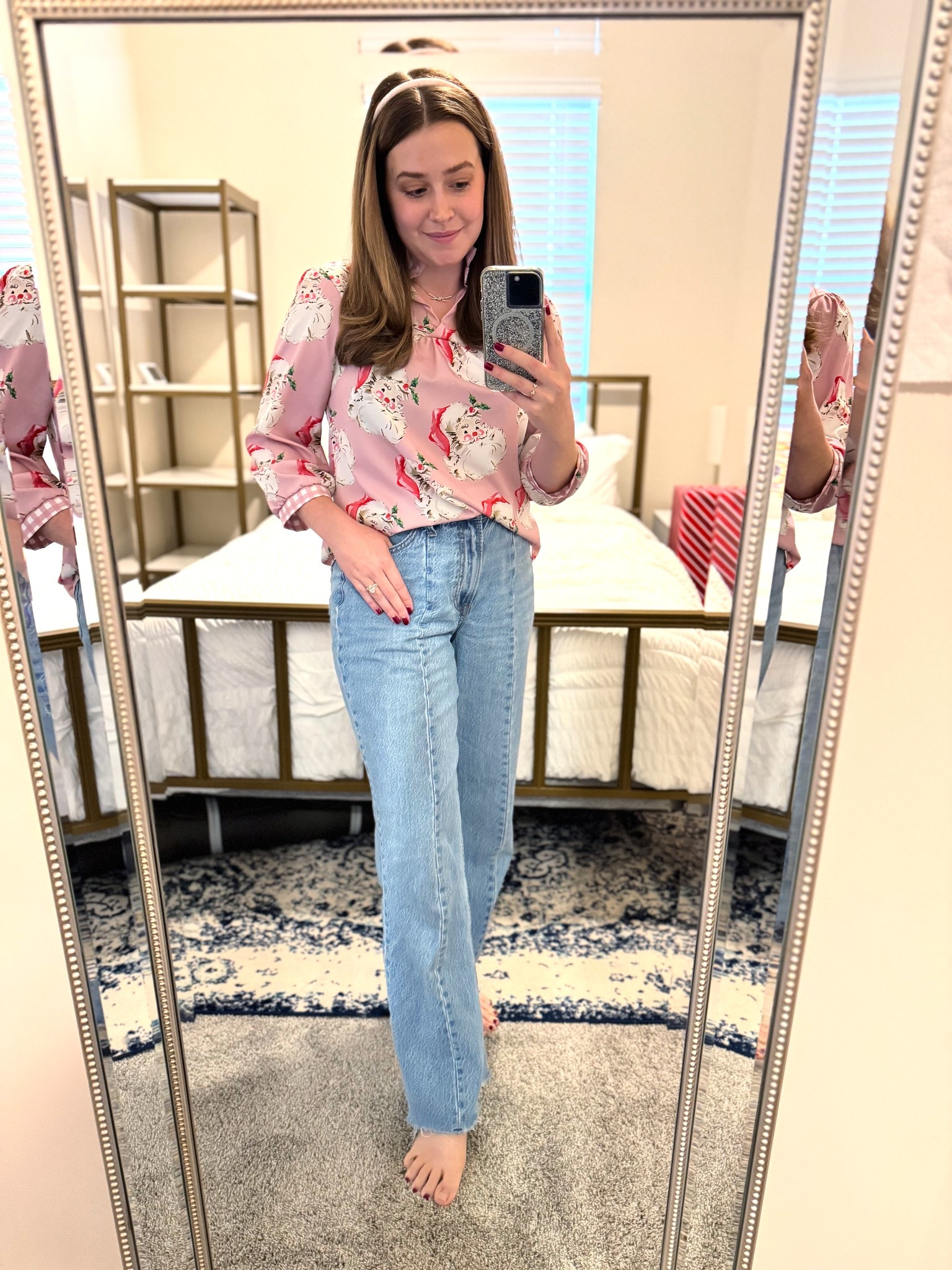 What I’m wearing as a stay at home mom the week of Christmas. The Santa blouse is so flattering and is breast-feeding friendly. I love these Abercrombie jeans because they are so comfortable and fit a postpartum body perfectly. 

If between sizes on the top size down and the jeans run true to size. I am wearing a small in the top and a size 28 in the jeans.

#LTKSeasonal #LTKootd #LTKHoliday