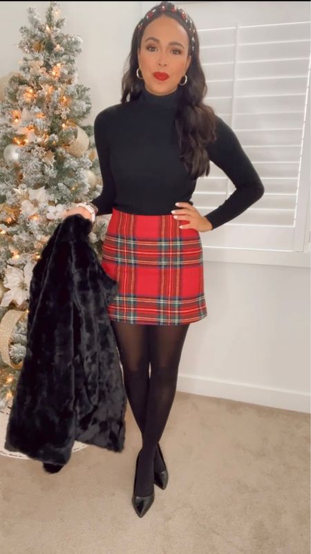 Holiday Outfit Inspo! Style this plaid mini skirt (runs short & small/size up 1 size) with a solid color ribbed turtleneck, tights and a fun holiday headband! 

#LTKSeasonal #LTKHoliday