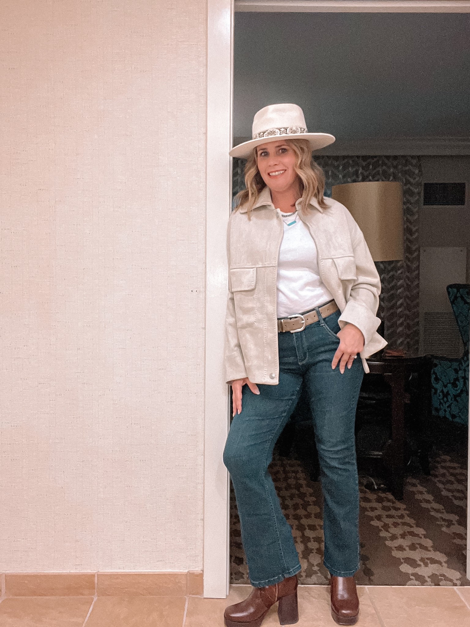 Western Chic Meets Modern Edge 🤠✨

Took the Western Modern theme to heart for a fun work outing and I have to say—I’m loving this elevated cowboy-inspired look! Mixing classic western vibes with contemporary staples for a chic yet effortless outfit that’s perfect for a night out, a casual work event, or even a little country concert moment.

Key pieces:
🤎 Faux suede jacket – A lightweight layering piece that gives just the right amount of ranch-chic without feeling too heavy.
🤠 Western hat with statement band – Because no western-inspired outfit is complete without a good hat!
👖 High-waisted boot-leg denim – A modern twist on classic cowboy jeans.
👜 Leather belt – Cinches the waist and adds that extra yee-haw touch.
👢 Block-heel boots – Comfortable yet stylish, perfect for dancing or just standing around looking effortlessly cool.

Would you rock a Western Modern outfit? Let me know your favorite piece! 🔥👇

#WesternModern #WesternChic #CowgirlStyle #WesternFashion #EffortlessStyle #WesternMeetsModern #LTKFashion #LTKStyle #WorkEventOutfit #WesternTrend #WesternInspired #CowgirlBoots #WesternVibes #FashionForWork #OutfitInspo