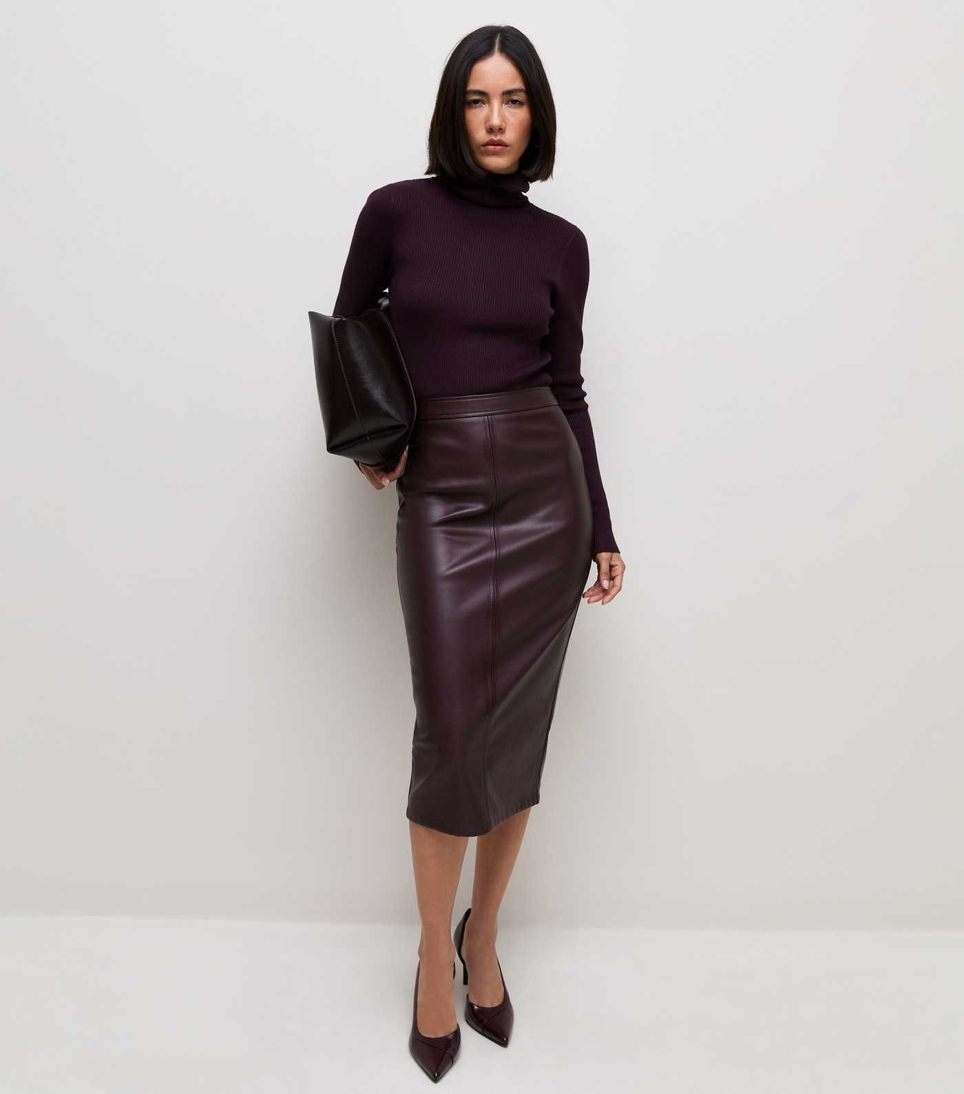 Dark Burgundy Faux Leather Pencil Midi Skirt | New Look | New Look (UK)