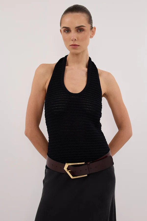GINA BLACK HALTER CROCHET TOP | DISSH