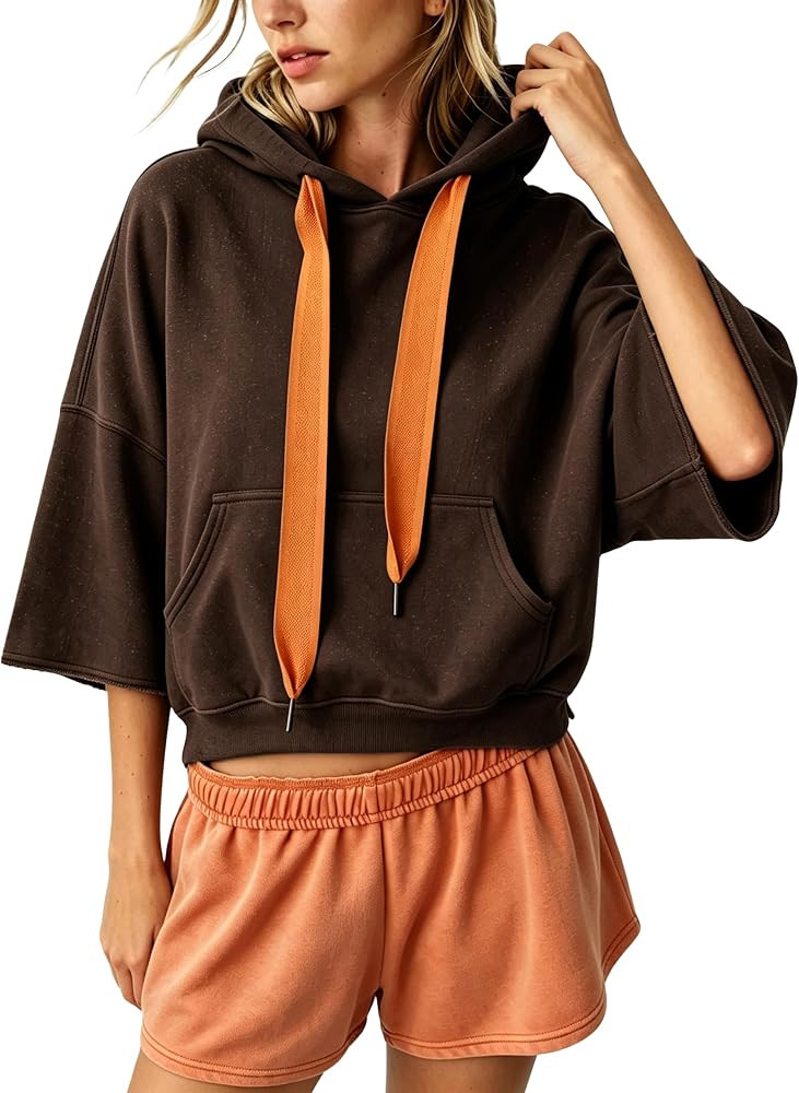 Megfie Womens Cropped Three Quarter Sleeve Hoodie Contrast Drawcord | Amazon (US)