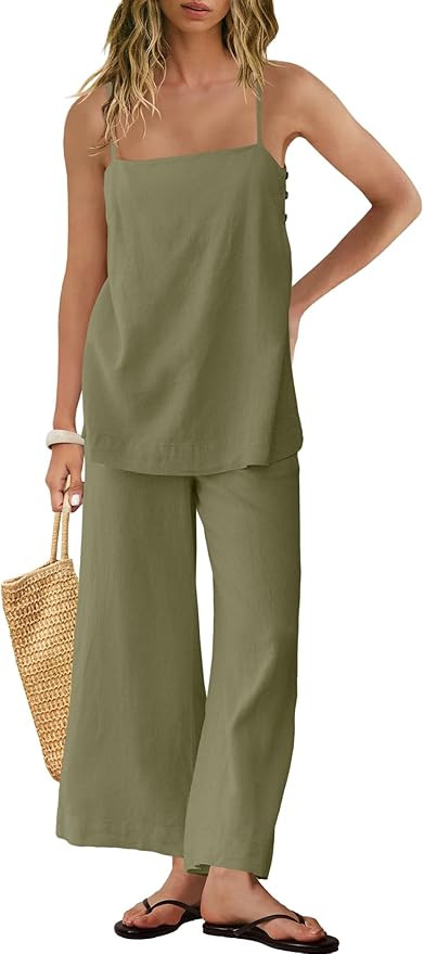Panadila 2 Piece Linen Set Summer Travel Beach Vacation Outfit Sexy Spaghetti Strap Tank Top and ... | Amazon (US)