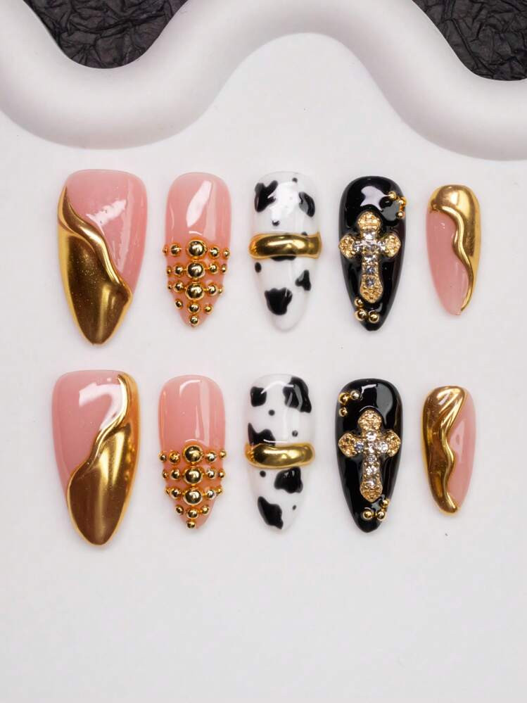 10Pcs/Set Almond-Shaped Handmade Press-On Nails, Y2K Babe Style, In Nude, Gold, Cream, Black Colors With French Tips, Steel Beads, Cross, Asymmetrical Metallic Liquid Elements. Suitable For Women And Girls, Works For Parties, Ceremonies, Daily Wear. Includes Tool Kit, Great Gift For Ladies And Girls. Nail Supplies Nails | SHEIN