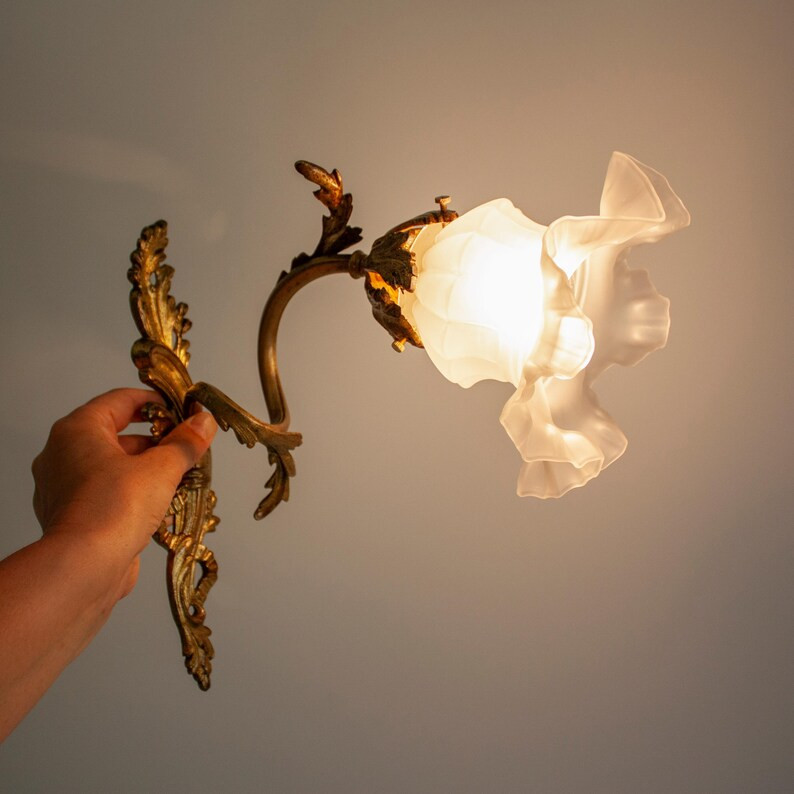 French antique sconce with frosted glass flower-shaped shade and intricate gold bronze frame / RE... | Etsy (US)