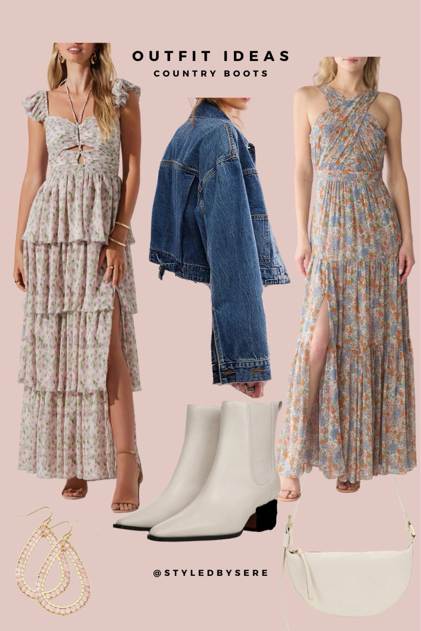 Country Boots: Sweetheart Style
.
Take an evening dress to a new location with these outfit options. A sweetheart floral dress with an emphasis on ivory notes draws out the ivory in the bootie. Add a detailed denim jacket (can also do oversized fit with these options). Keep your other accessories light to keep the focus on the ivory of the bootie, and you're set!

#LTKShoeCrush #LTKSummerSales #LTKStyleTip