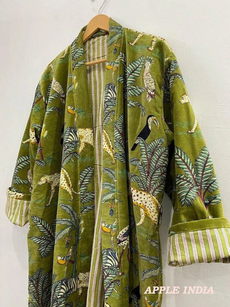 Green Jungle Print Velvet Kimono Robes,morning Tea Velvet Coat,bridesmaid Robe,women Wear Cotton ... | Etsy (US)