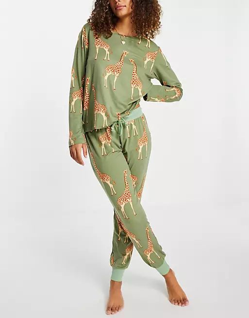 Chelsea Peers giraffe print pajama set in green | ASOS (Global)