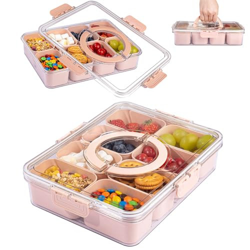 U-QE Dishwasher Safe Snackle Box Container with 8 Small Snacks Box - Premium Pink Plastic Divided Serving Tray with Lid and Handle for Snack, Veggie, Fruits, Perfect for Party, Picnic, Entertaining | Amazon (US)