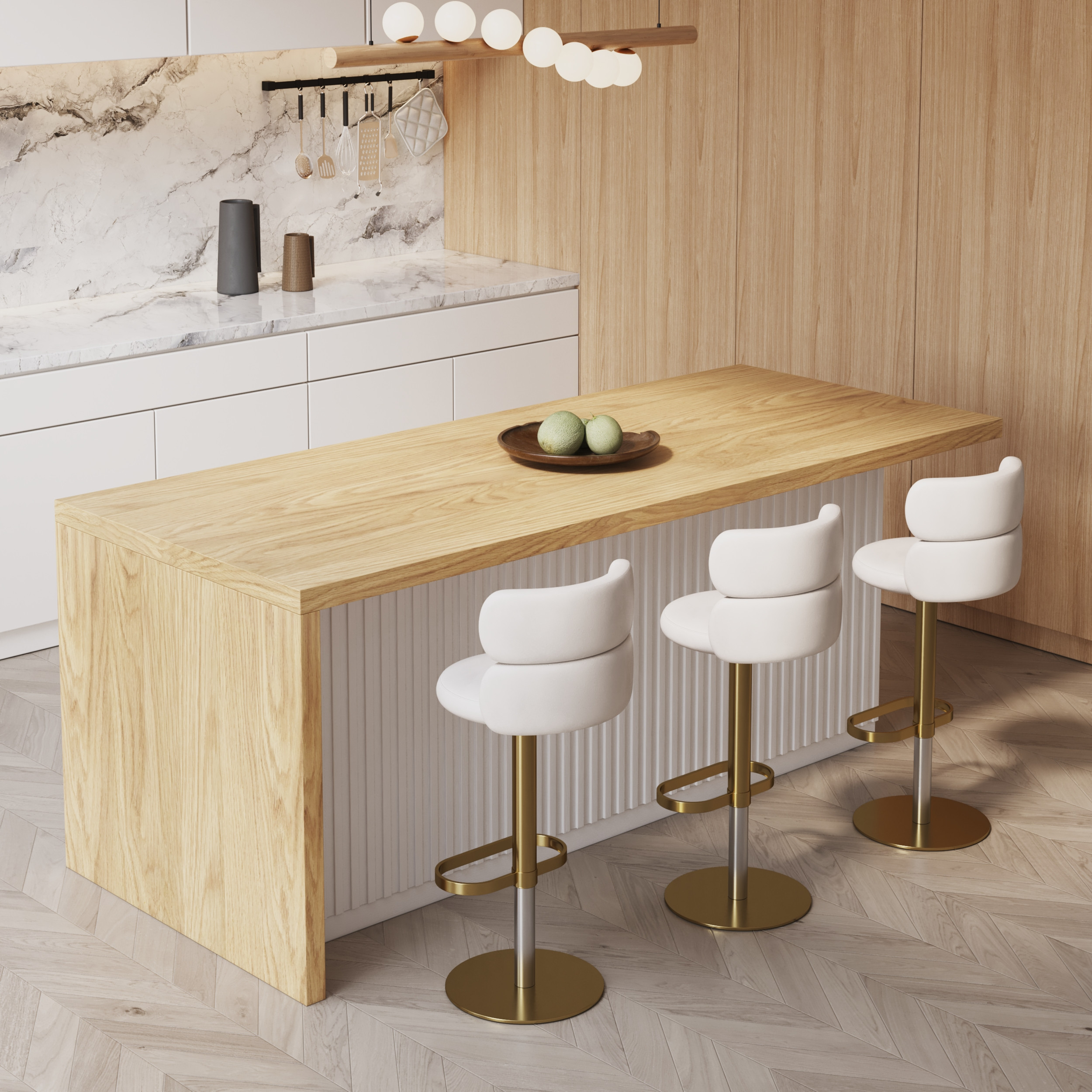 72"" Large Kitchen Island Marble Veneered Top with Storage White & Natural Modern Kitchen Cabinet | Homary