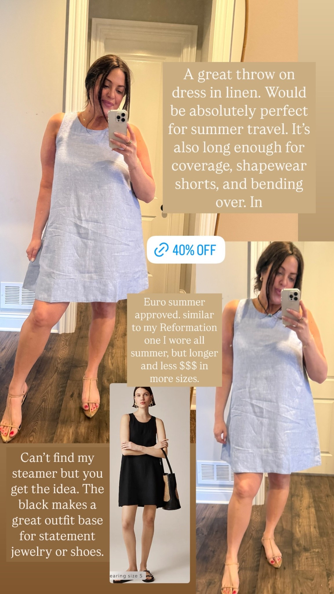 Can’t find my steamer but you get the idea. The black makes a great outfit base for statement jewelry or shoes.  A great throw on dress in linen. Would be absolutely perfect for summer travel. It’s also long enough for coverage, shapewear shorts, and bending over. In  Euro summer approved. similar to my Reformation one I wore all summer, but longer and less $$$ in more sizes.

#LTKMidsize #LTKSaleAlert
