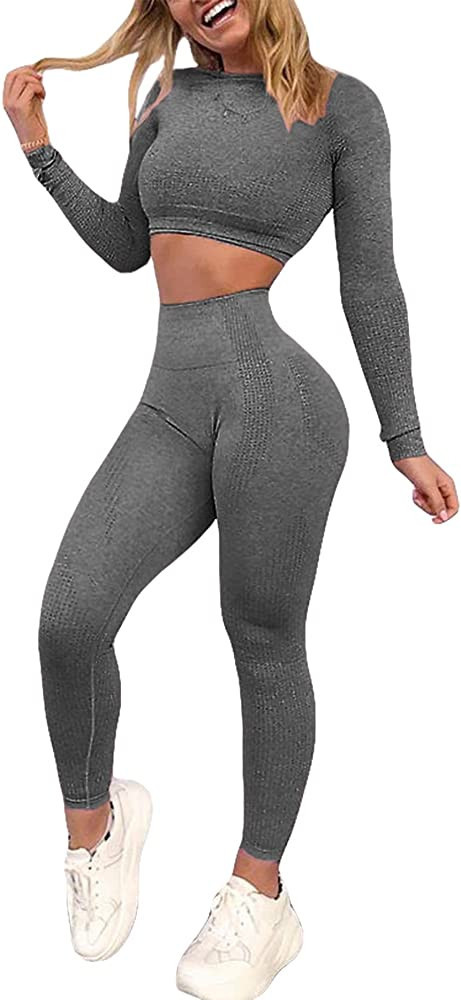 YOFIT Women's Workout Outfit 2 Pieces Seamless High Waist Yoga Leggings with Long Sleeve Crop Top... | Amazon (US)