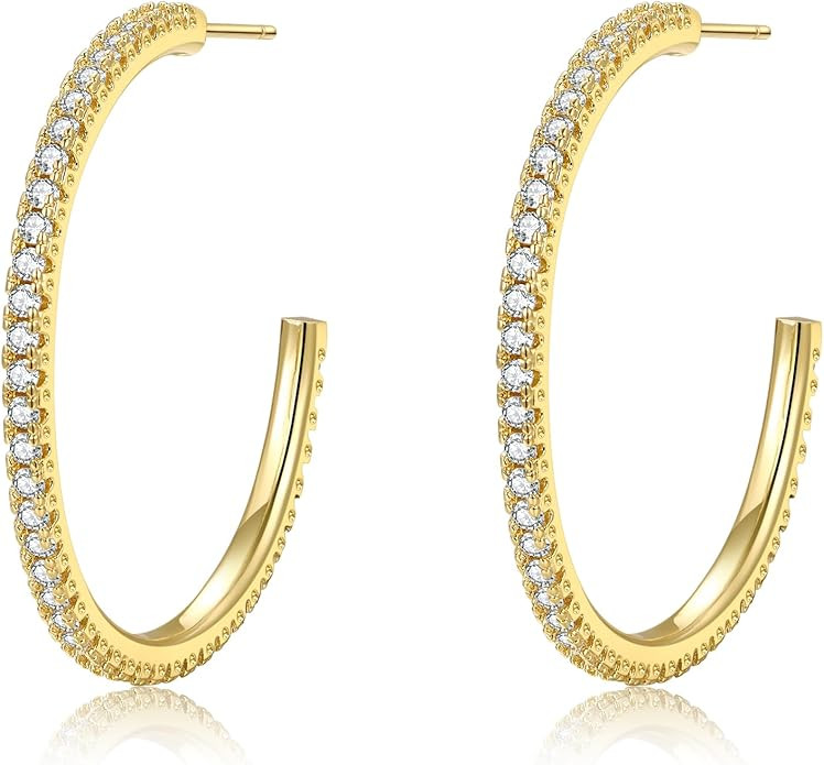 925 Sterling Silver Earrings Large Rhinestone Hoop Earrings Big Cubic Zirconia Hoop Earrings Thin... | Amazon (US)