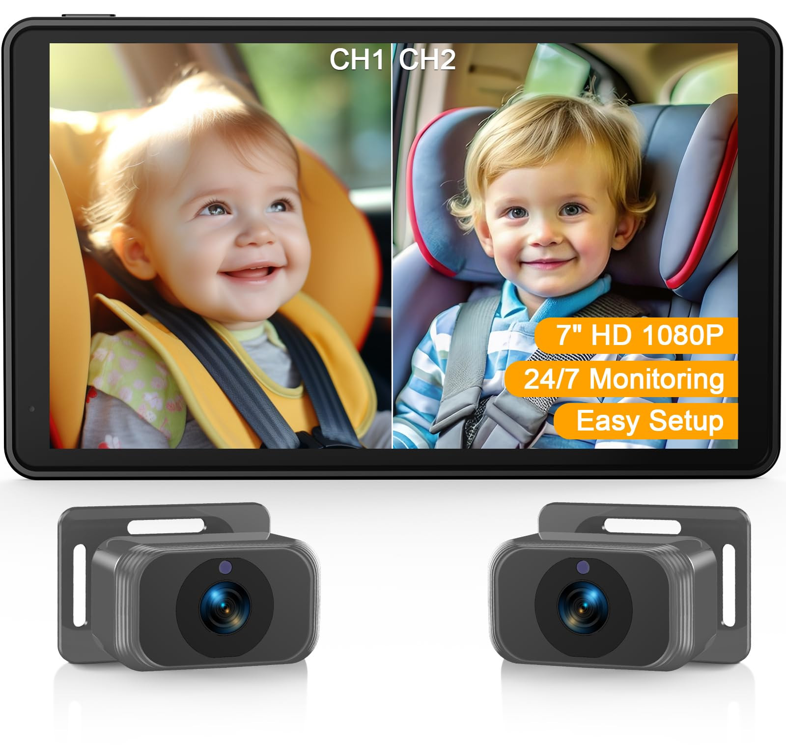 Baby Car Camera for 2 Kids - 7-Inch Split-Screen Monitor, Dual HD 1080P Cameras, Night Vision, 36... | Amazon (US)