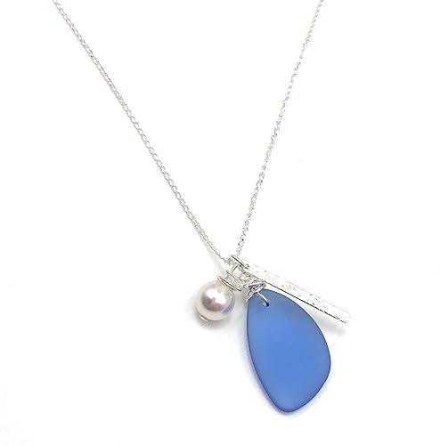Dusty Periwinkle Sea Glass Charm Necklace with Sterling Silver Bar Charm and Swarovski Crystal Pe... | Amazon (US)