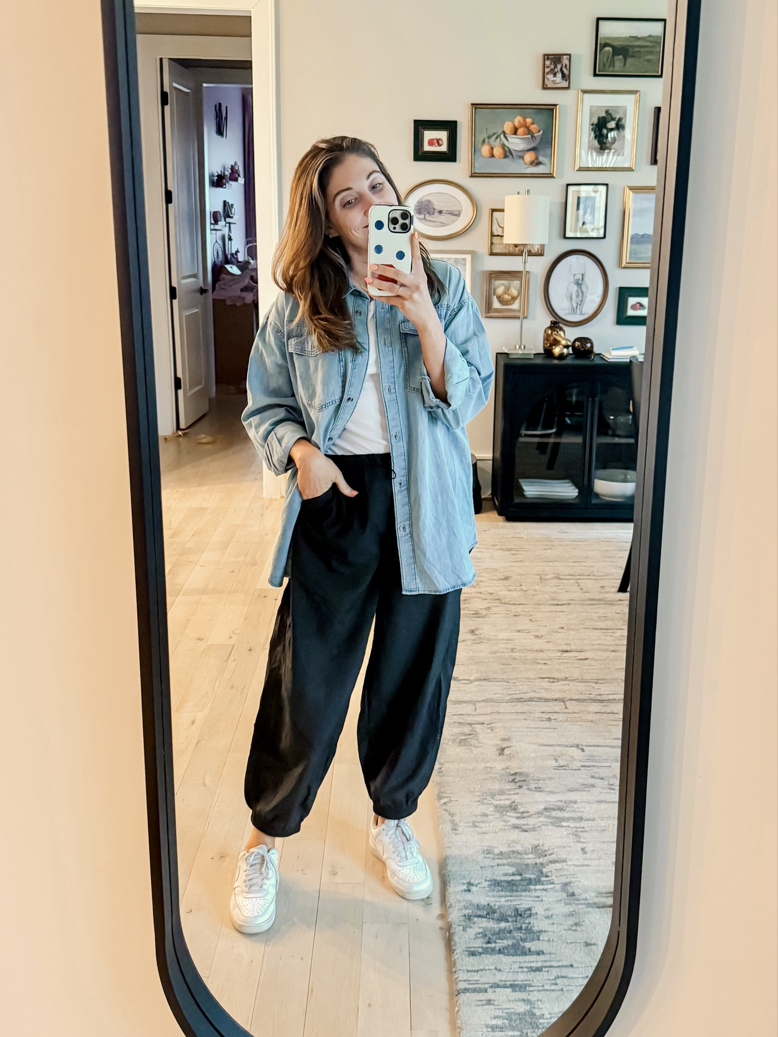 Layers for a rainy day! White tee L / Chambray shirt M / Parachute pants M / White sneakers (size down half a size) 

#LTKMidsize #LTKmomlife #LTKootd