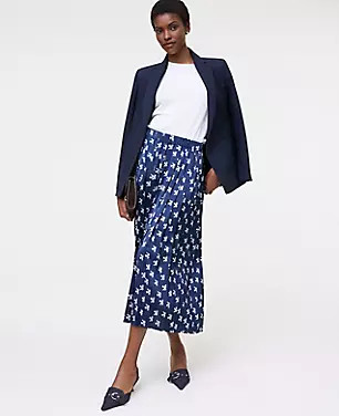Floral Satin Pleated Midi Skirt | Ann Taylor