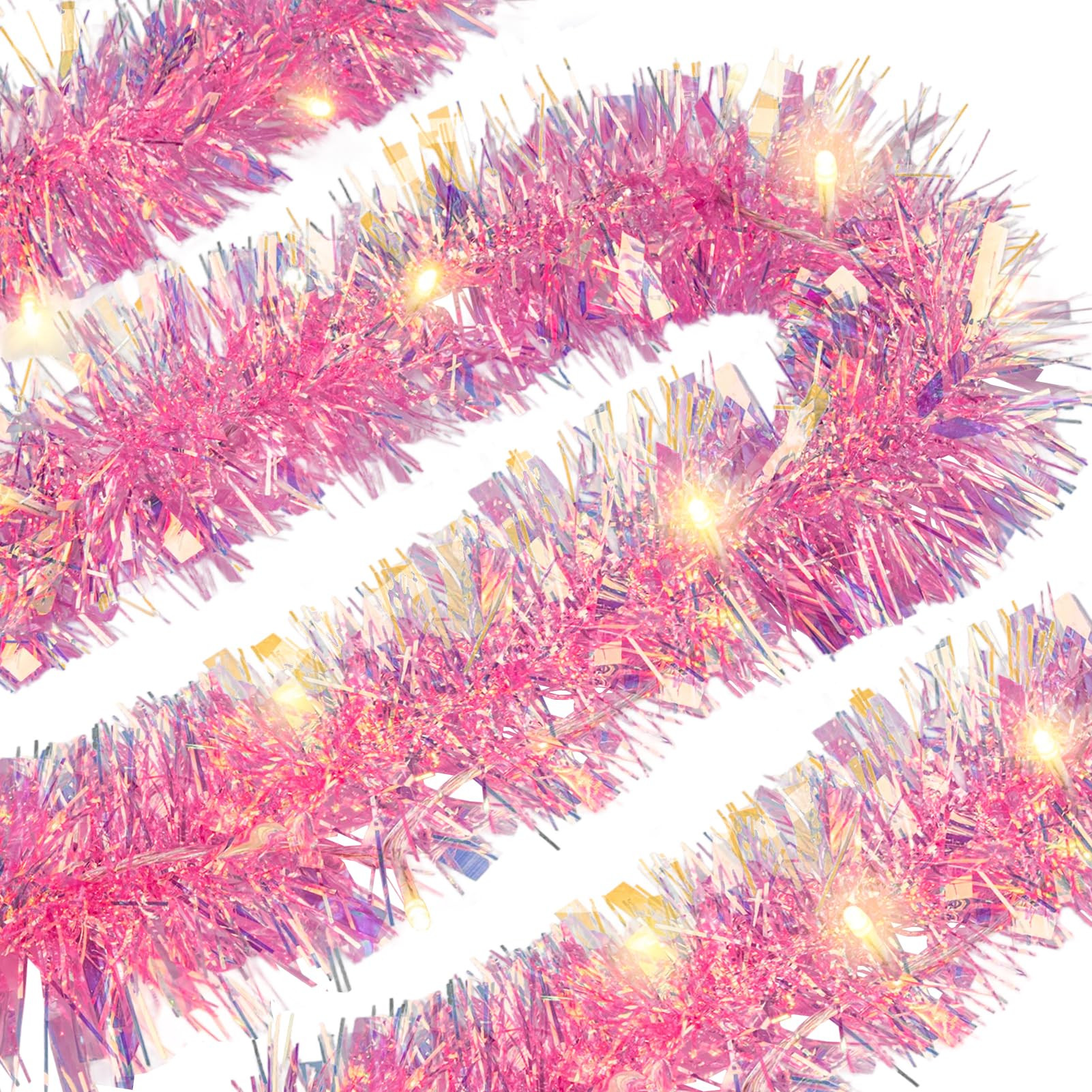 Christmas Tinsel Garland with Lights - 32.8ft Pink Christmas Garland Metallic Twist Garland for X... | Amazon (US)