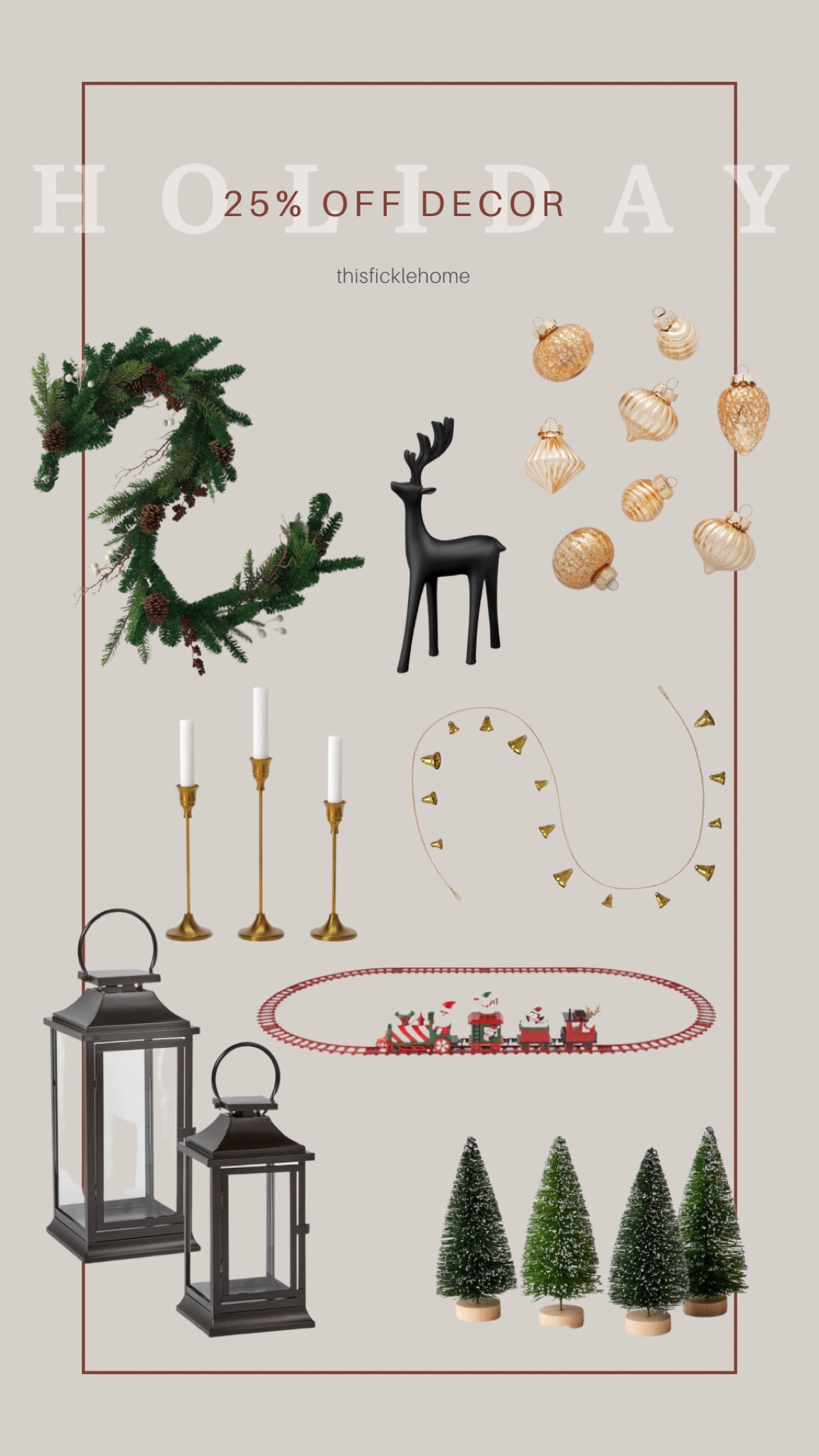 Metal lantern, bell garland, pine garland, gold candlestick holders, Christmas decorations, animated train track, bottlebrush trees, deer figurine, holiday decor on sale.

#LTKhome #LTKsalealert #LTKHoliday