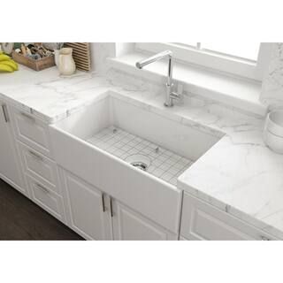 Farmhouse Apron-Front Fireclay 33 in. Single Bowl Kitchen Sink in White with Grid | The Home Depot