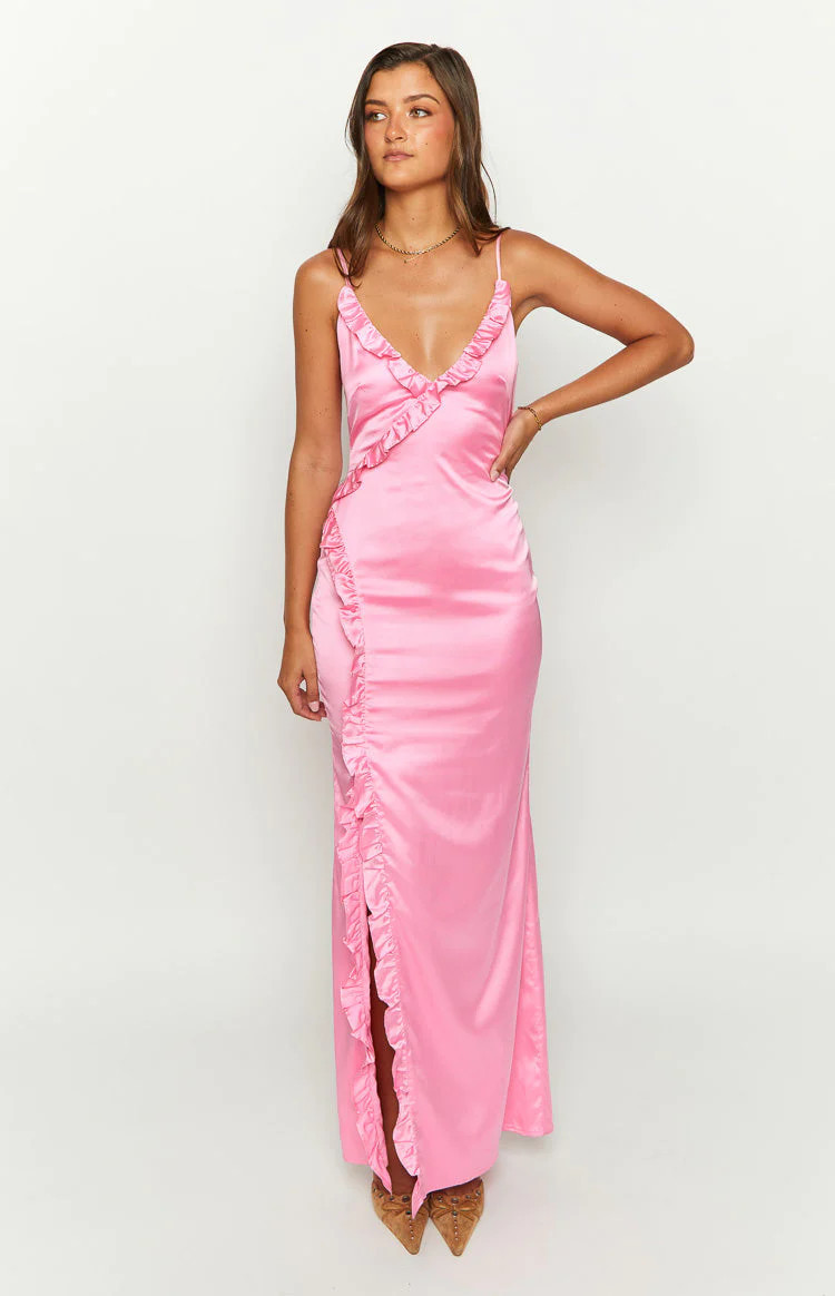 Nahanee Pink Satin Ruffle Maxi Dress | Beginning Boutique (US)