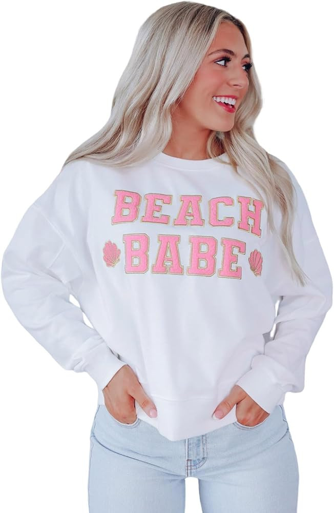 ZhiHiMeRi Women's White BEACH BABE Slogan Graphic Casual Sweatshirt | Amazon (US)
