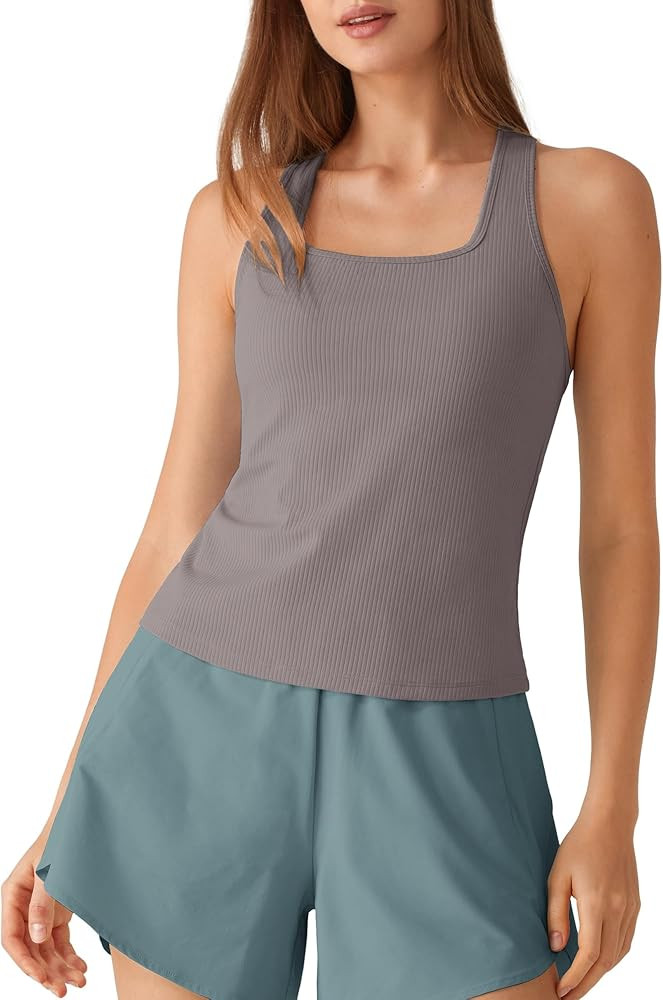 G4Free Ribbed Removable Built in Bra Workout Tank Tops Woman Racerback Square Neck Yoga Top Light... | Amazon (US)