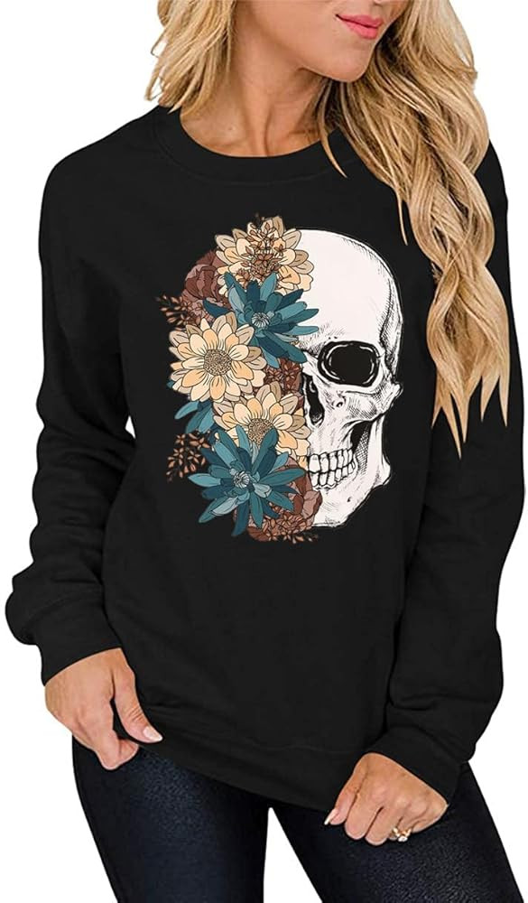 Bloom Skull Sweatshirt for Women Boho Floral Skull Graphic Tshirt Fall Long Sleeve Crewneck Pullo... | Amazon (US)