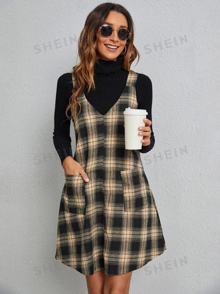 SHEIN LUNE Plaid Patched Pocket Overall Dress | SHEIN