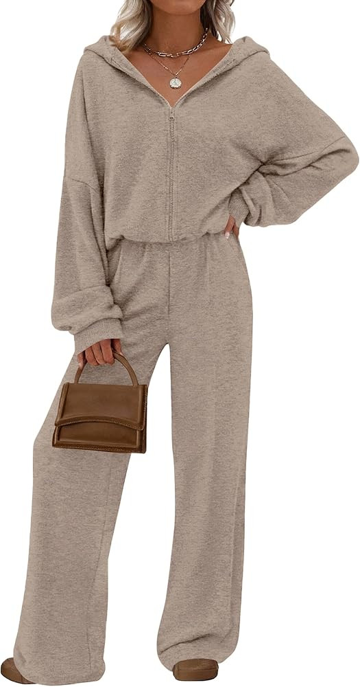 PRETTYGARDEN Women's 2 Piece Fall Lounge Sets 2025 Zip Up Hoodie Wide Leg Pants Tracksuit Matchin... | Amazon (US)