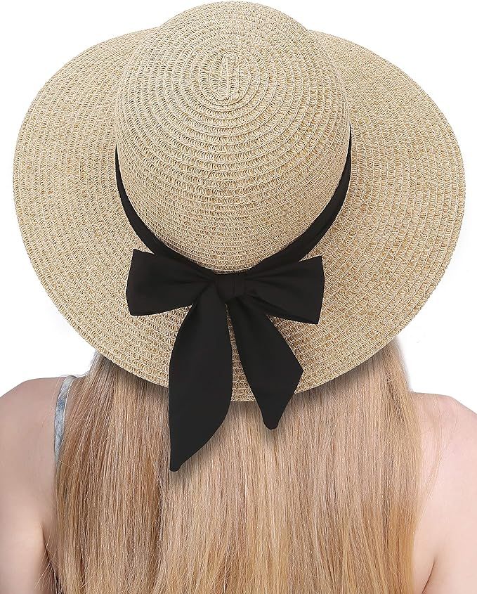Womens Straw Hat Wide Brim Floppy Beach Cap Adjustable Sun Hat for Women UPF 50+ | Amazon (US)