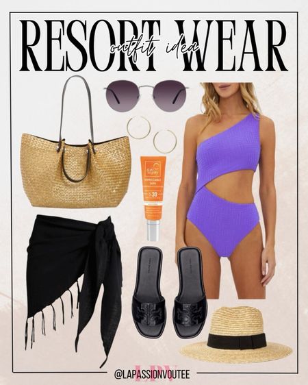 Effortlessly chic in one-piece cutout swimsuit paired with straw hat, hoop earrings, sleek sunglasses, tassel accents, and a spacious straw tote. Complete the look with comfy flat sandals for a stylish day by the pool or beach. Resort-ready glamour meets comfort and functionality in this ensemble.

#LTKswim #LTKstyletip #LTKSeasonal