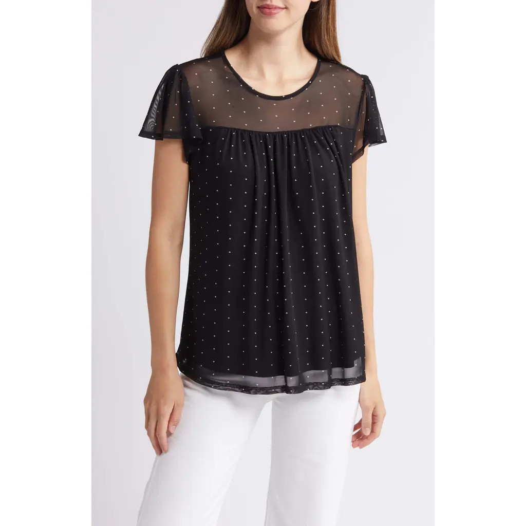 Loveappella Polka Dot Sheer Yoke Mesh Top in Black at Nordstrom, Size X-Small | Nordstrom