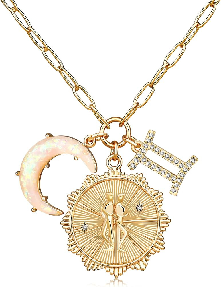 MISS RIGHT Gold Zodiac Sign Coin Necklace with Opal Crescent Moon Charm for Women Trendy, Dainty ... | Amazon (US)